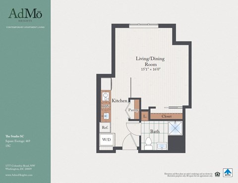 Floor plan for studio, 1 bath, 469 sqft